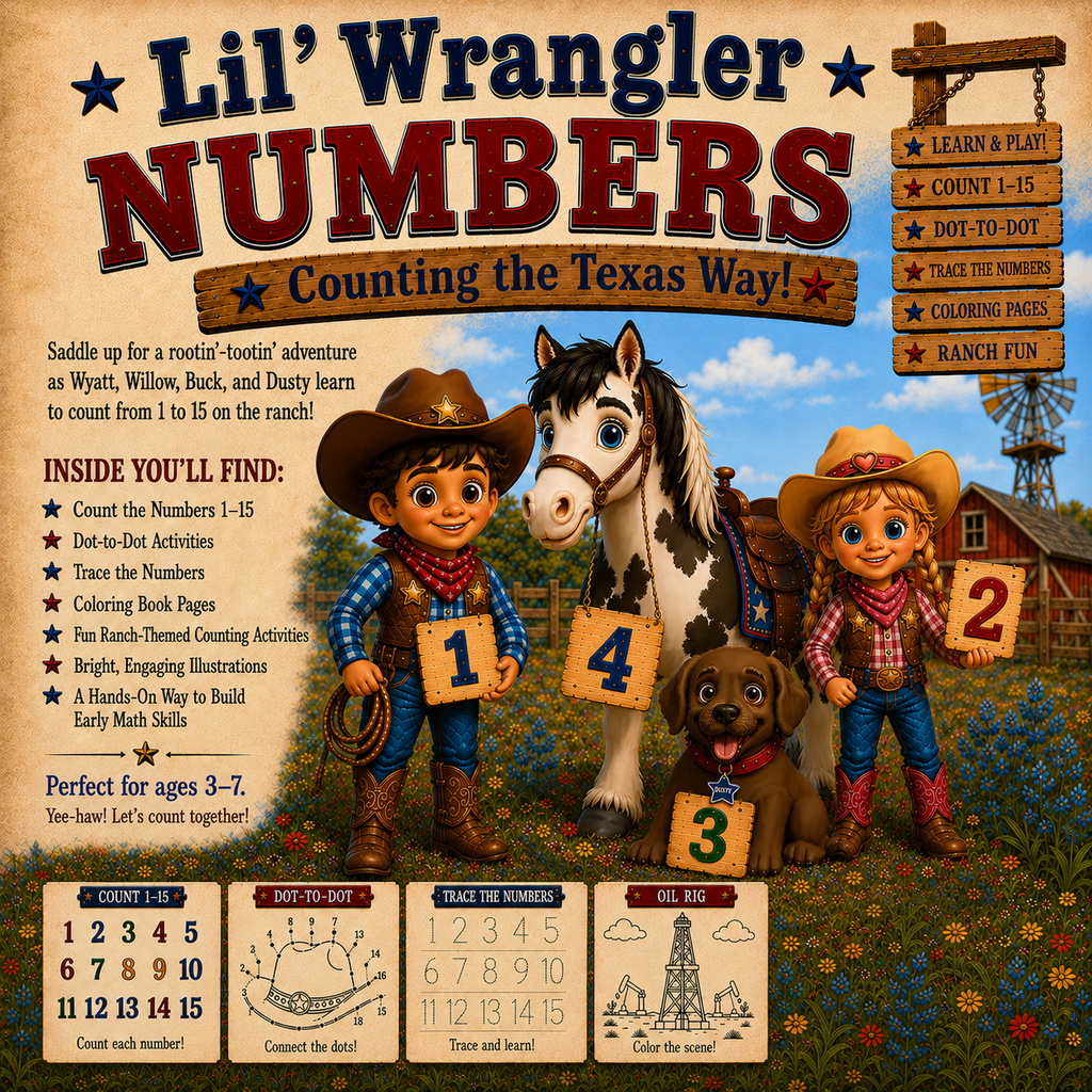 Lil' Wrangler Adventures: Counting the Texas Way! A 4-in-1 Numbers, Tracing, Connect-the-Dots & Coloring Book