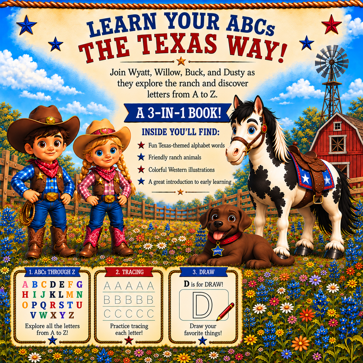 Lil' Wrangler Adventures: Learning the Texas Way! A 3-1 ABC, Tracing and Coloring Book for Little Cowboys and Cowgirls